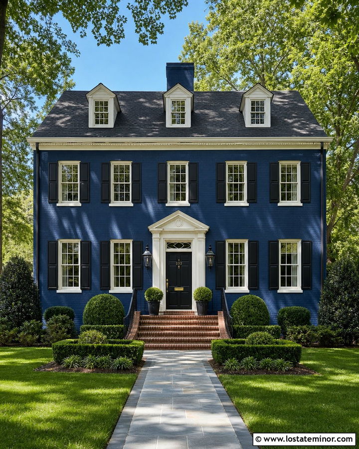 Navy Blue House With Black Shutters And Brick Steps - 30 Navy Blue House Design With Accents Ideas