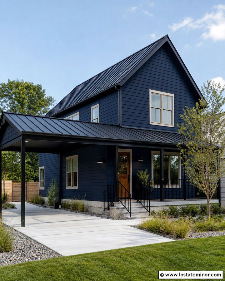Navy Blue House With Black Steel Carport - 30 Navy Blue House Design With Carport Ideas