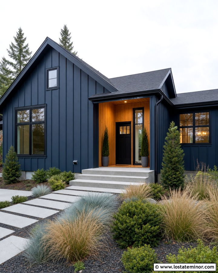 Navy Blue House With Black Trim And Ornamental Grass - 30 Navy Blue House Design With Front Yard Ideas