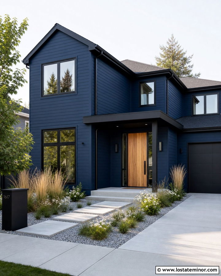 Navy Blue House With Black Trim And Ornamental Grasses - 30 Navy Blue House Design With Landscaping Ideas
