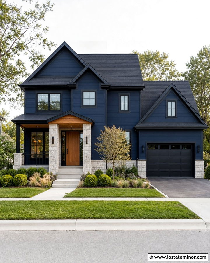 Navy Blue House With Black Trim And Stone - 30 Navy Blue House Design With Stone Accents Ideas