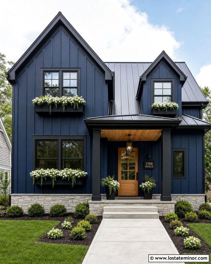 Navy Blue House With Black Trim And Window Boxes - 30 Navy Blue House Design With Window Boxes Ideas