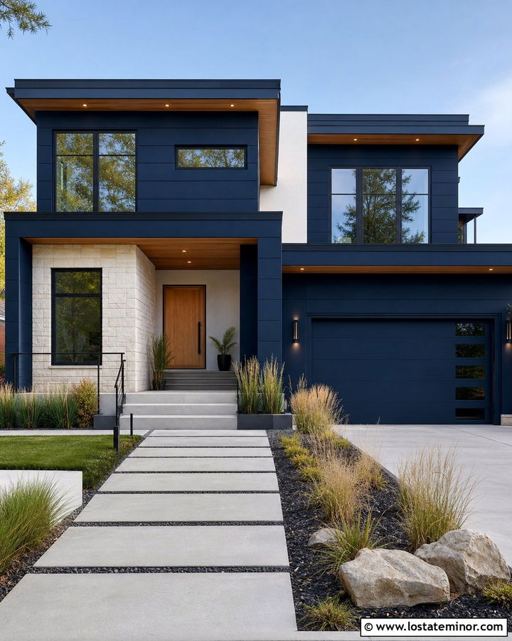 Navy Blue House With Black Trim And Wood Door - 30 Navy Blue House Design With Front Door Ideas