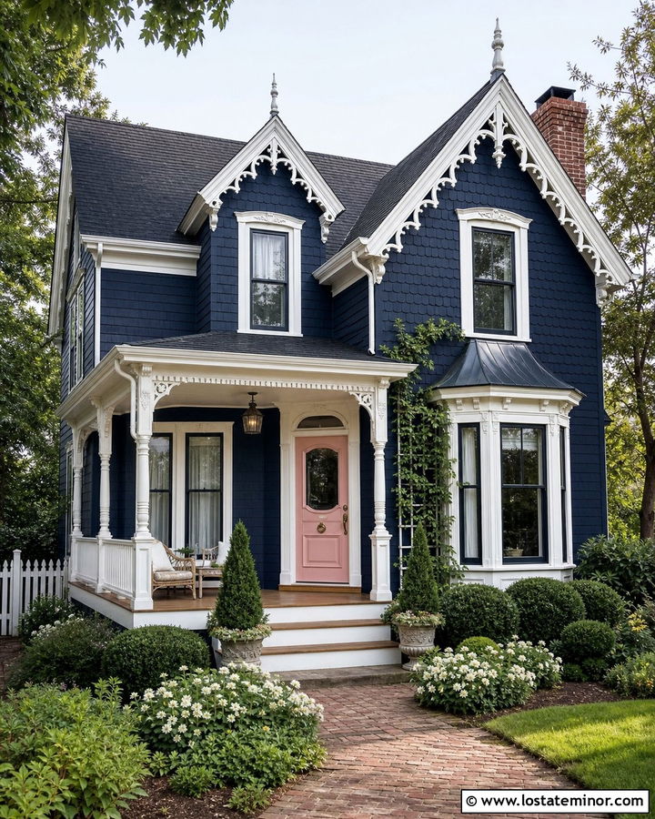 Navy Blue House With Blush Pink Front Door - 30 Navy Blue House Design With Front Door Ideas
