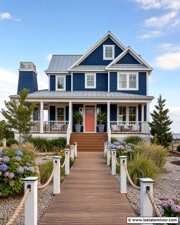 Navy Blue House With Boardwalk Walkway - 30 Navy Blue House Design With Walkway Ideas