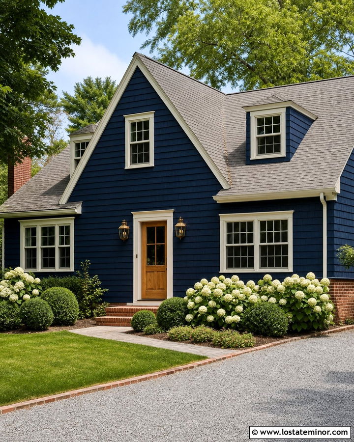 Navy Blue House With Brass Sconces - 30 Navy Blue House Design With Lighting Ideas