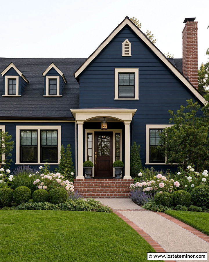 Navy Blue House With Brick Accents And Rose Beds - 30 Navy Blue House Design With Front Yard Ideas