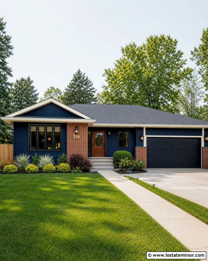 Navy Blue House With Brick Address Wall - 30 Navy Blue House Design With House Numbers Ideas