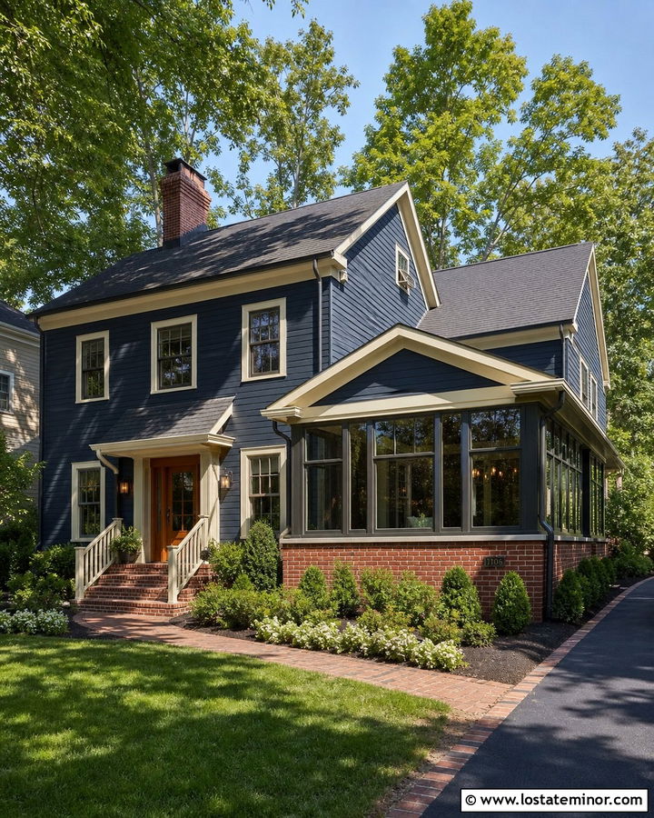 Navy Blue House With Brick And Glass Sunroom - 30 Navy Blue House Design With Sunroom Ideas