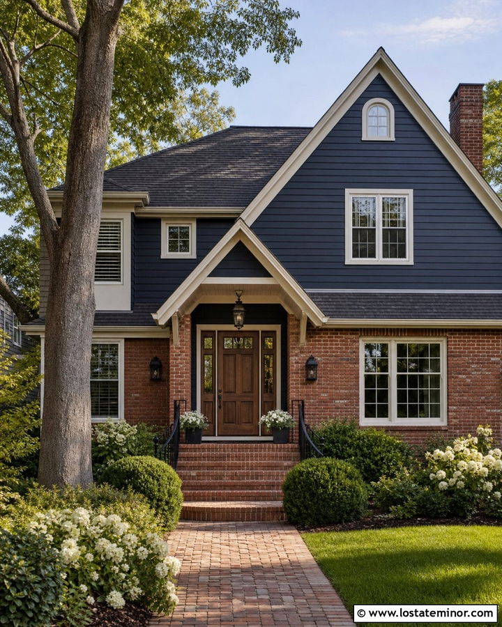 Navy Blue House With Brick And Wood Door - 30 Navy Blue House Design With Front Door Ideas