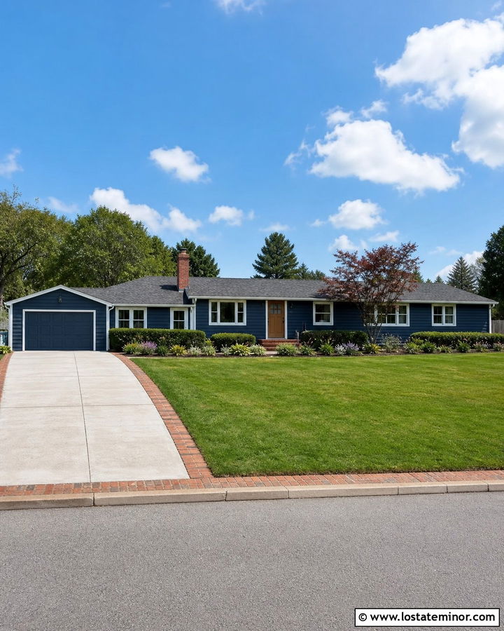 Navy Blue House With Brick Border Driveway - 30 Navy Blue House Design With Driveway Ideas