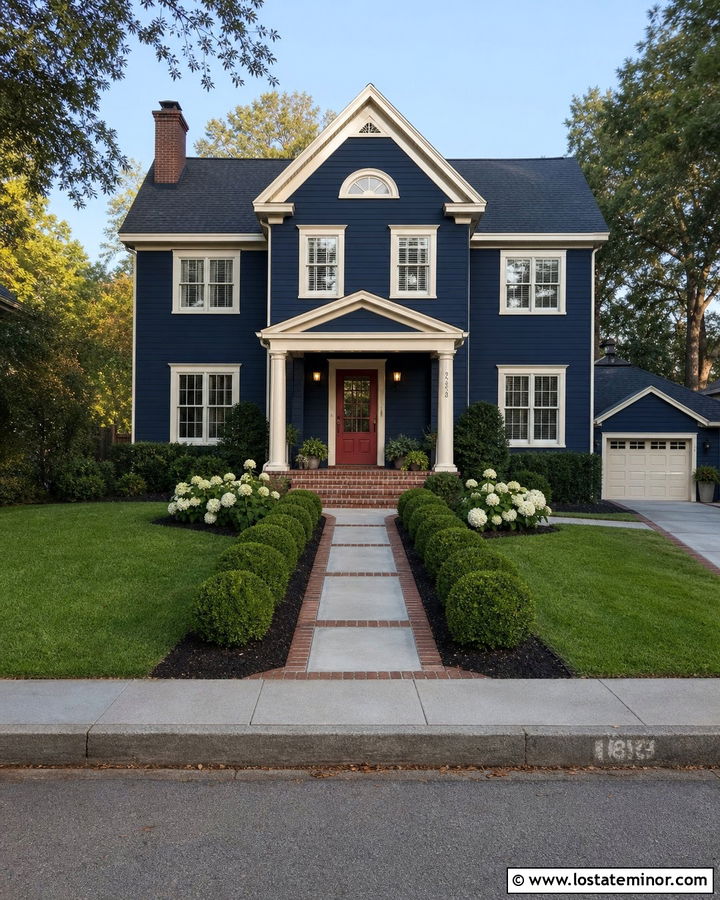 Navy Blue House With Brick Border Walkway - 30 Navy Blue House Design With Walkway Ideas
