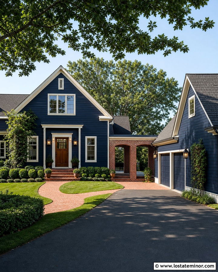 Navy Blue House With Brick Breezeway - 30 Navy Blue House Design With Brick Accents Ideas