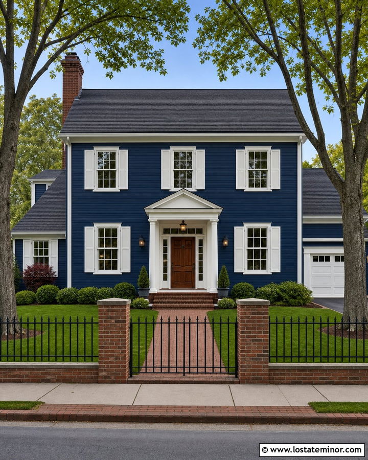 Navy Blue House With Brick Column Fence - 30 Navy Blue House Design With Fence Ideas