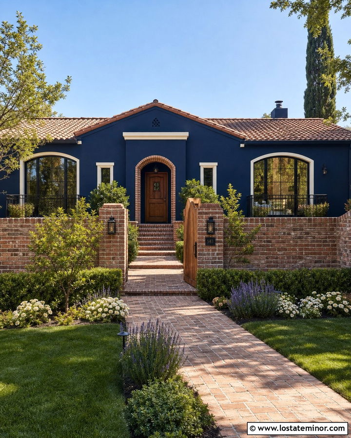 Navy Blue House With Brick Courtyard - 30 Navy Blue House Design With Brick Accents Ideas