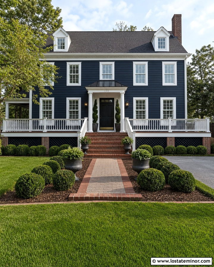 Navy Blue House With Brick Deck Base - 30 Navy Blue House Design With Deck Ideas