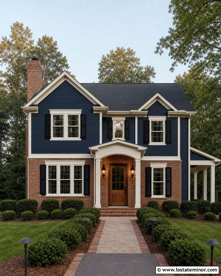 Navy Blue House With Brick Entry Lighting - 30 Navy Blue House Design With Lighting Ideas