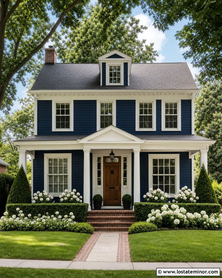 Navy Blue House With Brick Foundation And White Flowers - 30 Navy Blue House Design With Landscaping Ideas