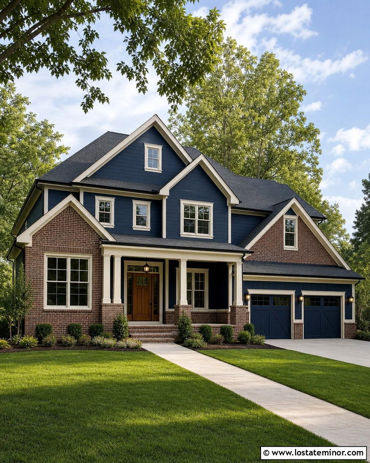 Navy Blue House With Brick Gables - 30 Navy Blue House Design With Brick Accents Ideas