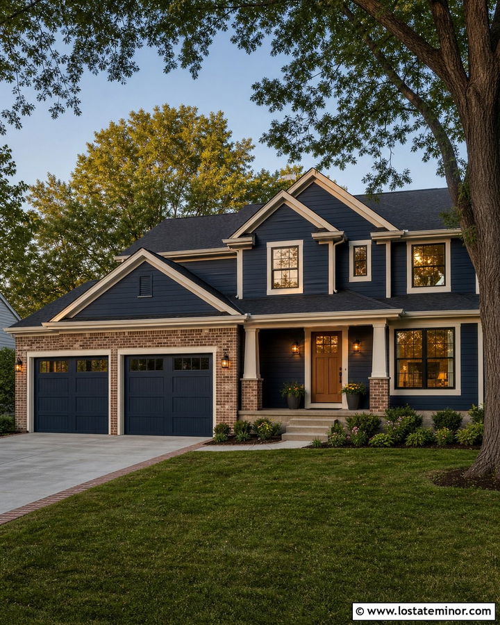 Navy Blue House With Brick Garage - 30 Navy Blue House Design With Brick Accents Ideas
