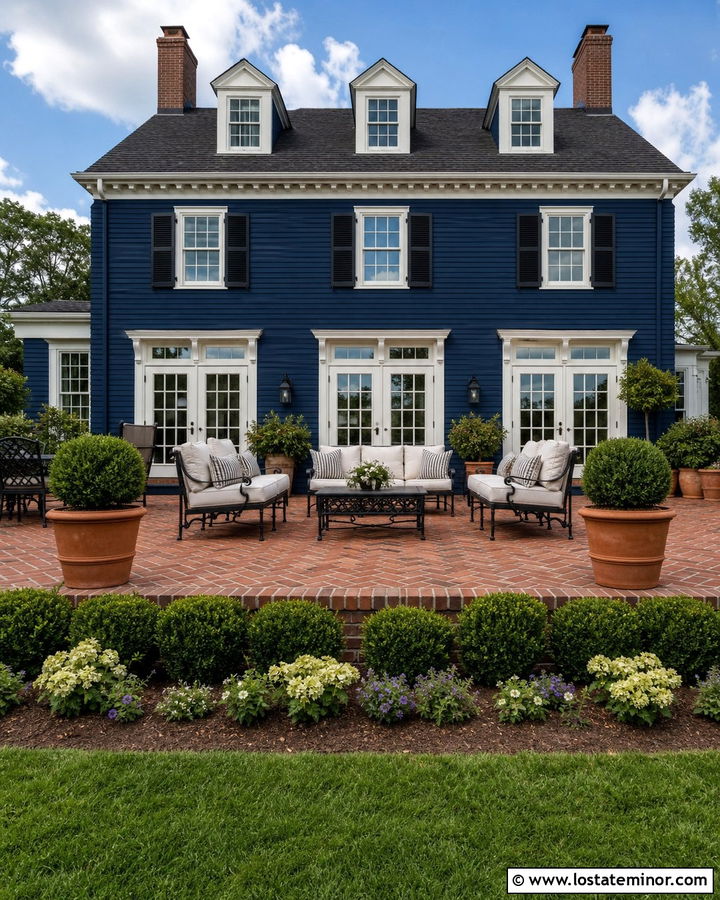 Navy Blue House With Brick Patio - 30 Navy Blue House Design With Backyard Ideas