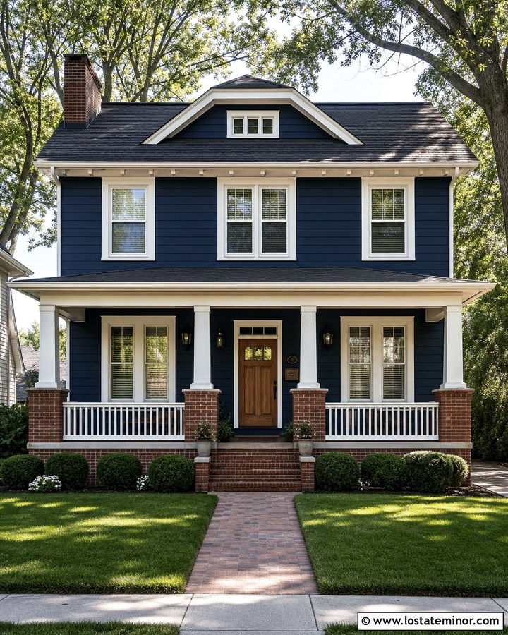 Navy Blue House With Brick Porch Columns - 30 Navy Blue House Design With Porch Columns Ideas