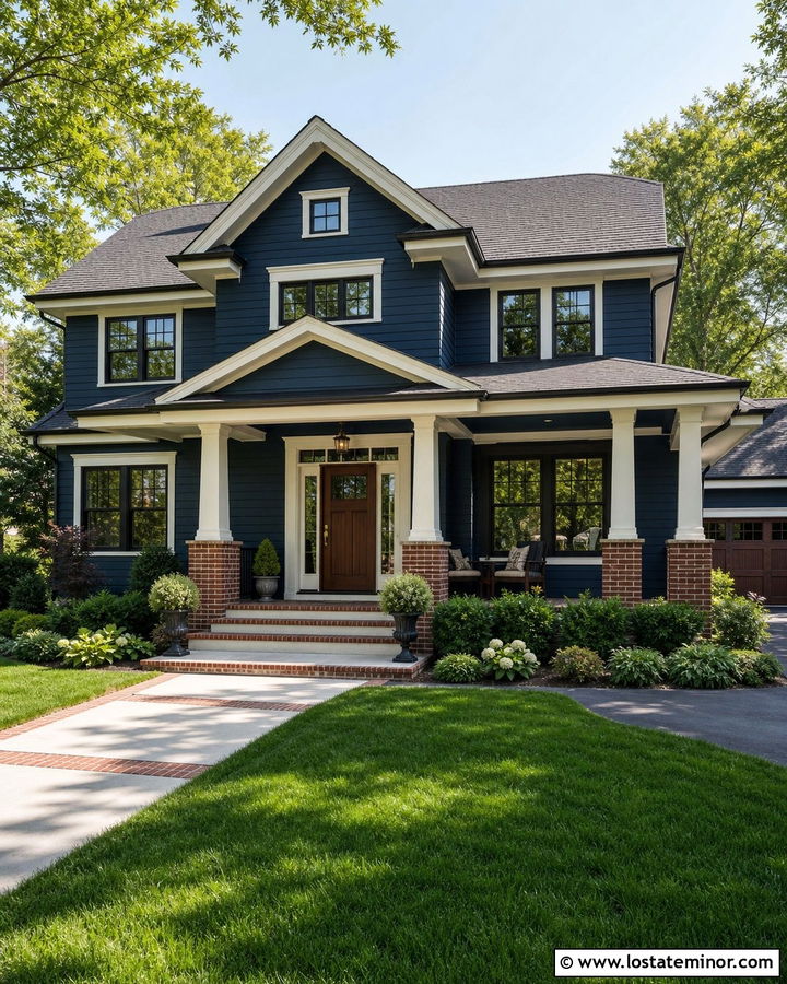 Navy Blue House With Brick Porch Columns - 30 Navy Blue House Design With Brick Accents Ideas