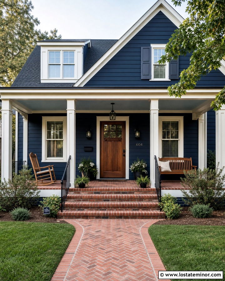 Navy Blue House With Brick Porch Floor - 30 Navy Blue House Design With Brick Accents Ideas