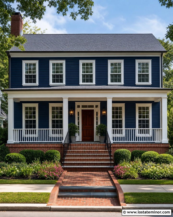 Navy Blue House With Brick Steps - 30 Navy Blue House Design With Front Porch Ideas