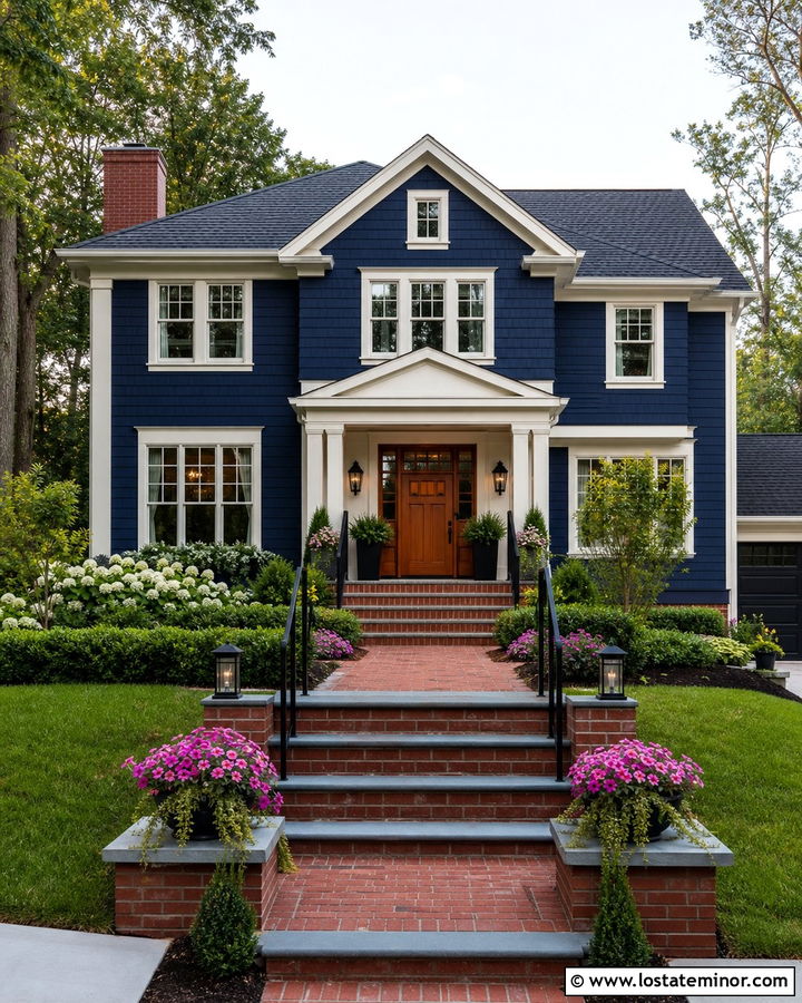 Navy Blue House With Brick Steps - 30 Navy Blue House Design With Brick Accents Ideas