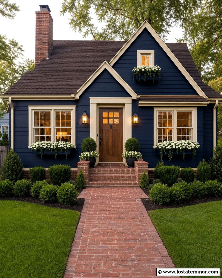 Navy Blue House With Brick Window Box Accents - 30 Navy Blue House Design With Window Boxes Ideas