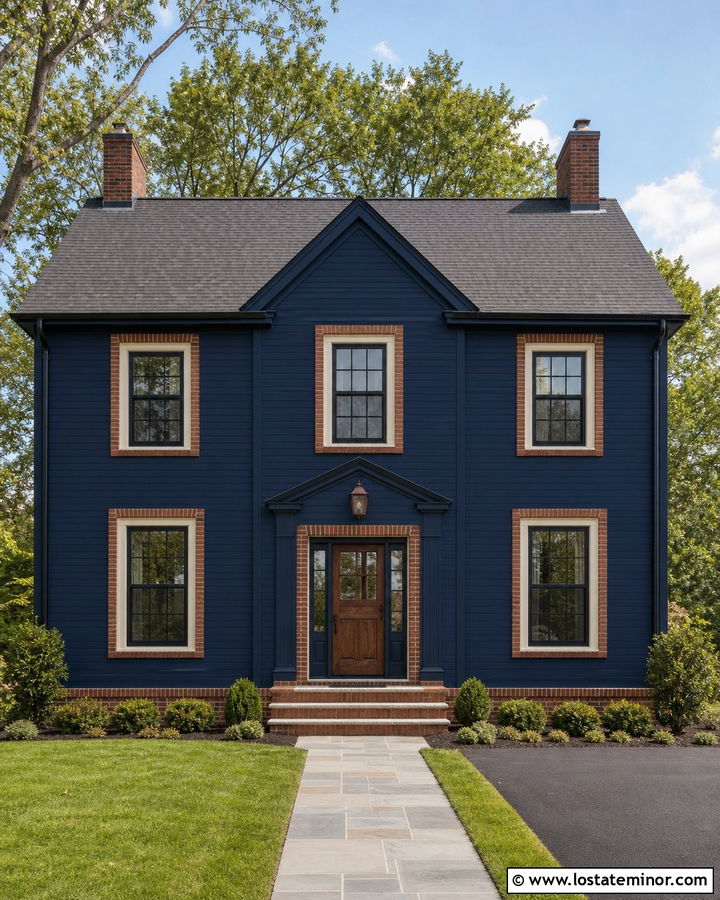 Navy Blue House With Brick Window Surrounds - 30 Navy Blue House Design With Brick Accents Ideas