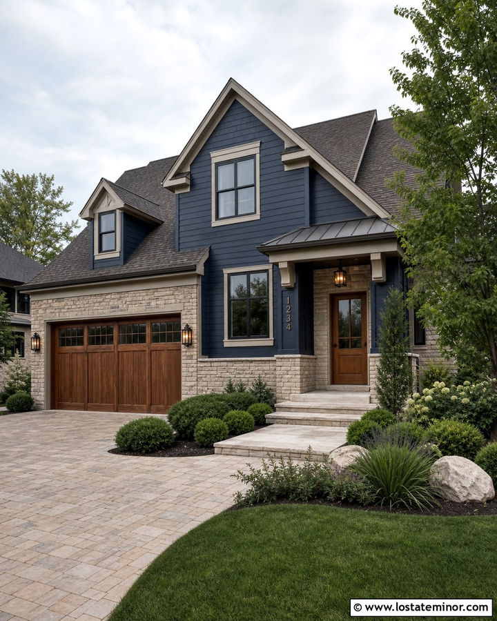 Navy Blue House With Bronze Carriage Lights - 30 Navy Blue House Design With Light Fixtures Ideas