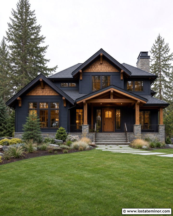 Navy Blue House With Bronze Frames And Cedar Accents - 30 Navy Blue House Design With Window Frames Ideas