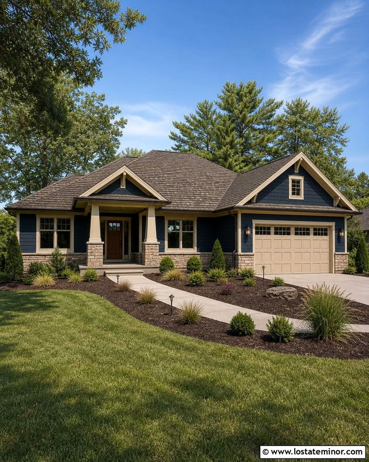 Navy Blue House With Brown Roof And Beige Trim - 30 Navy Blue House Design With Trim Ideas