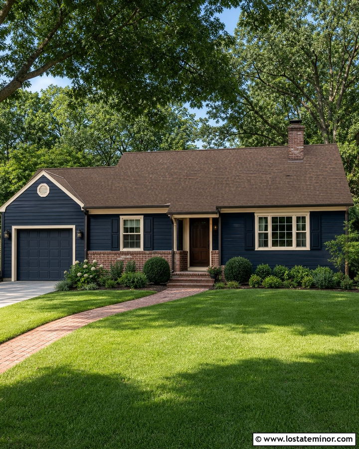 Navy Blue House With Brown Roof And Brick Accents - 30 Navy Blue House Design With Roof Ideas