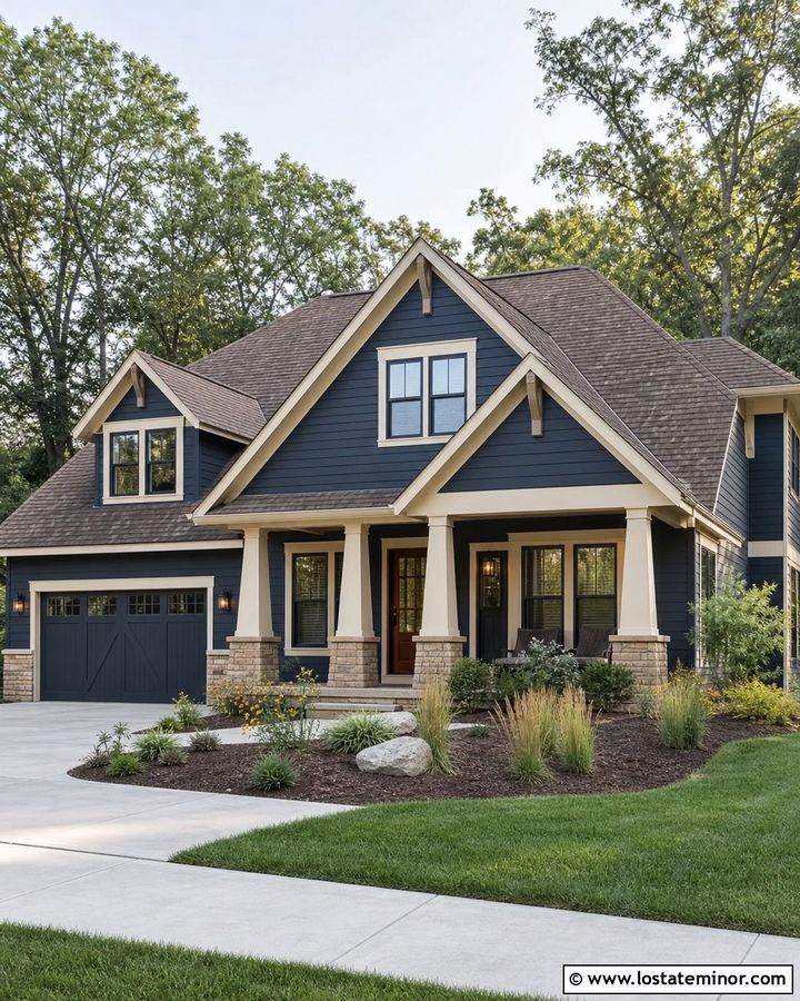 Navy Blue House With Brown Roof And Tan Stone - 30 Navy Blue House Design With Accents Ideas