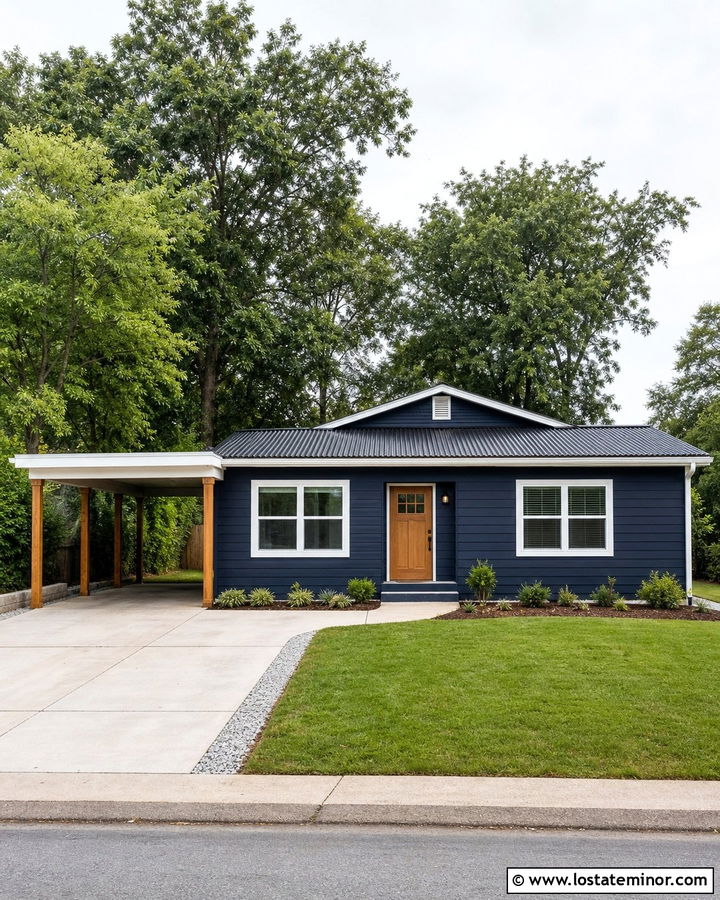 Navy Blue House With Budget Lean To Carport - 30 Navy Blue House Design With Carport Ideas