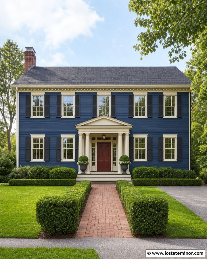 Navy Blue House With Burgundy Door And Cream Trim - 30 Navy Blue House Design With Trim Ideas