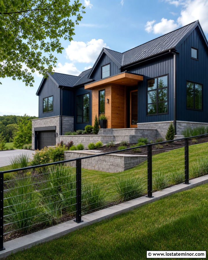 Navy Blue House With Cable Rail Fence - 30 Navy Blue House Design With Fence Ideas