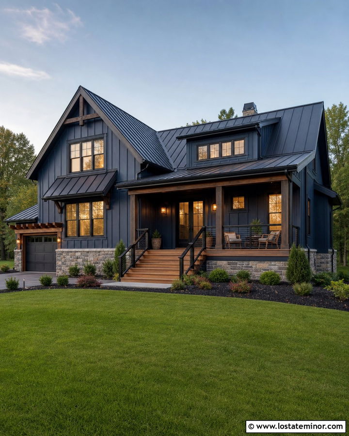 Navy Blue House With Cable Railing Deck - 30 Navy Blue House Design With Deck Ideas