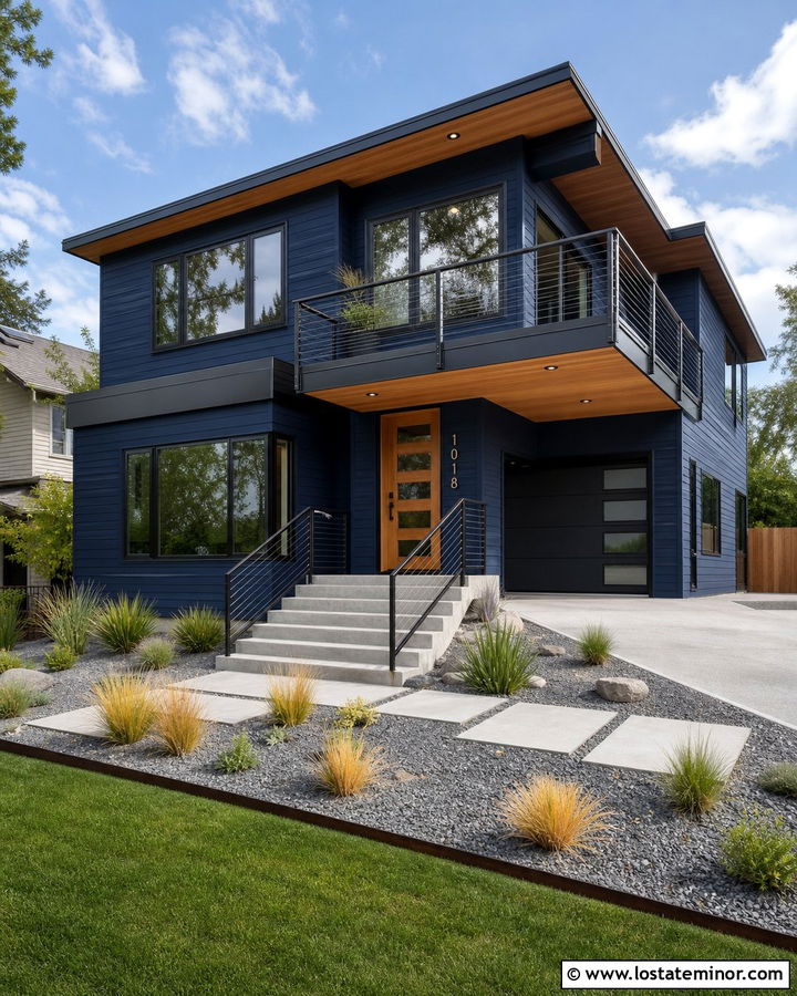 Navy Blue House With Cable Railings And Wood Door - 30 Navy Blue House Design With Railings Ideas