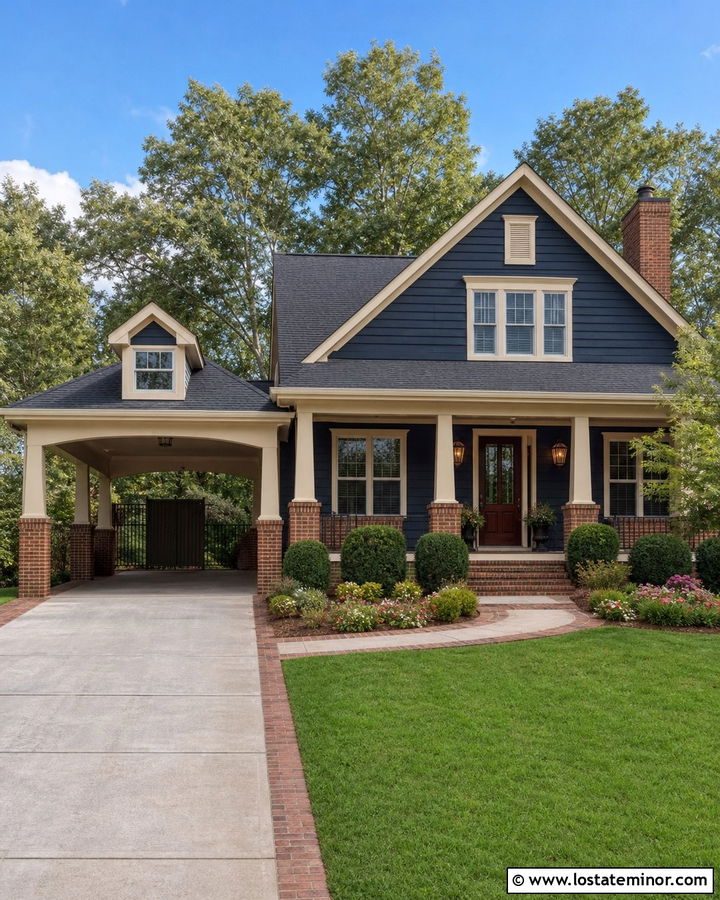 Navy Blue House With Carport And Brick Accents - 30 Navy Blue House Design With Carport Ideas