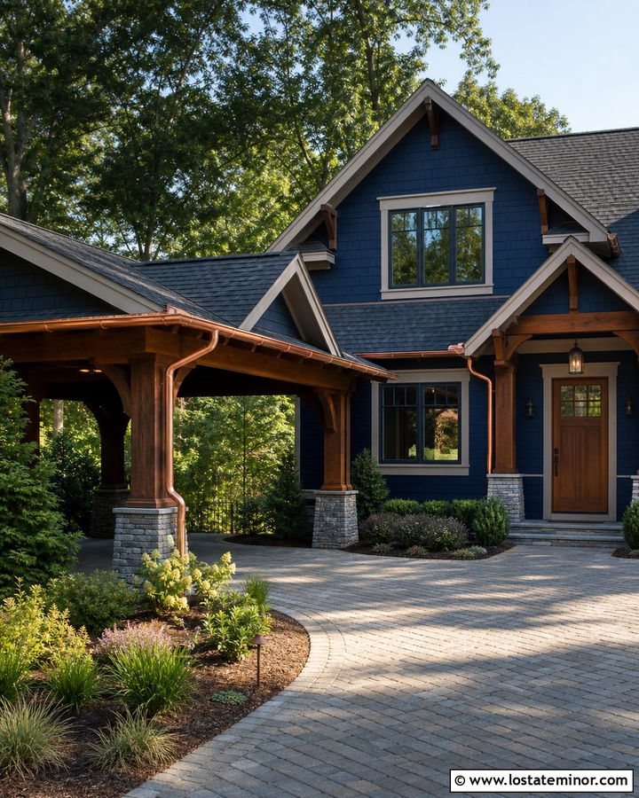 Navy Blue House With Carport And Copper Gutters - 30 Navy Blue House Design With Carport Ideas