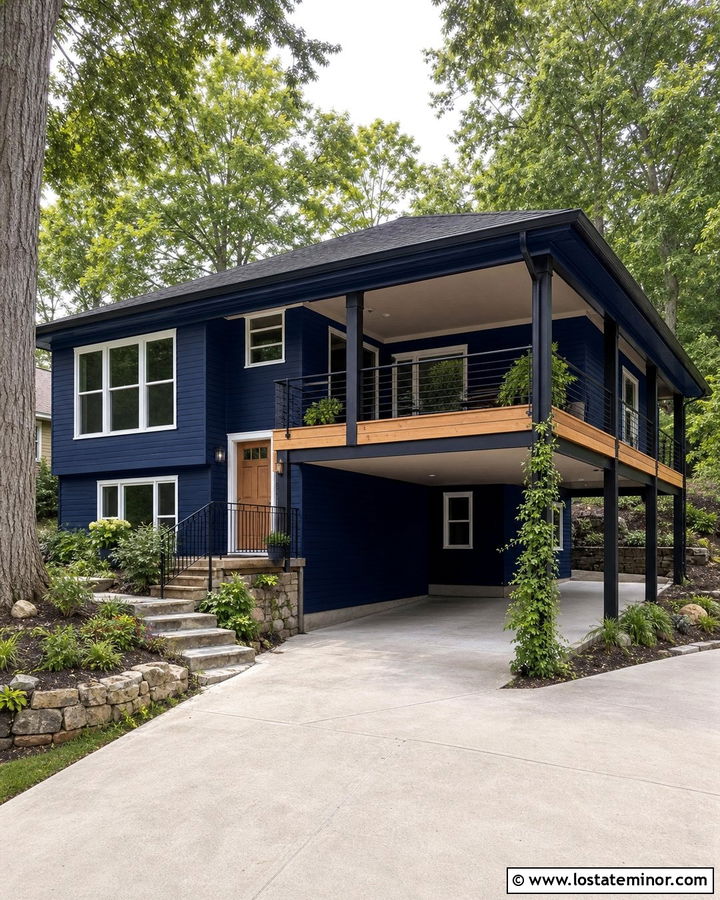 Navy Blue House With Carport And Deck - 30 Navy Blue House Design With Carport Ideas