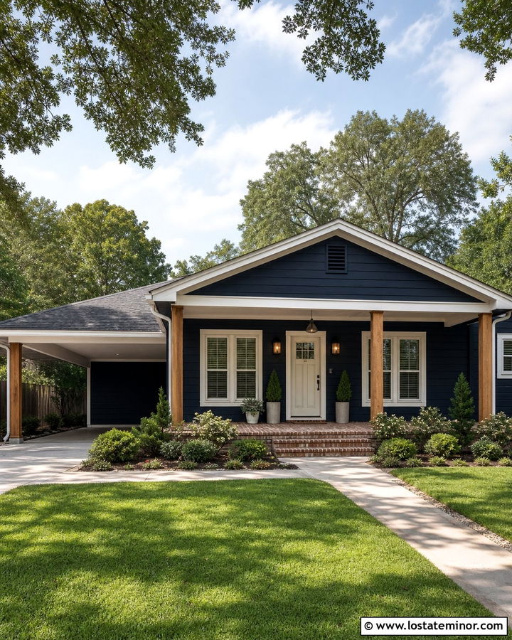 Navy Blue House With Carport Entry Porch - 30 Navy Blue House Design With Carport Ideas