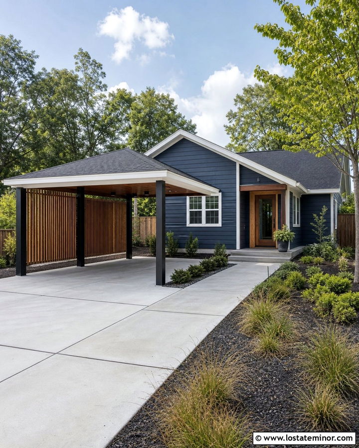 Navy Blue House With Carport Privacy Screen - 30 Navy Blue House Design With Carport Ideas