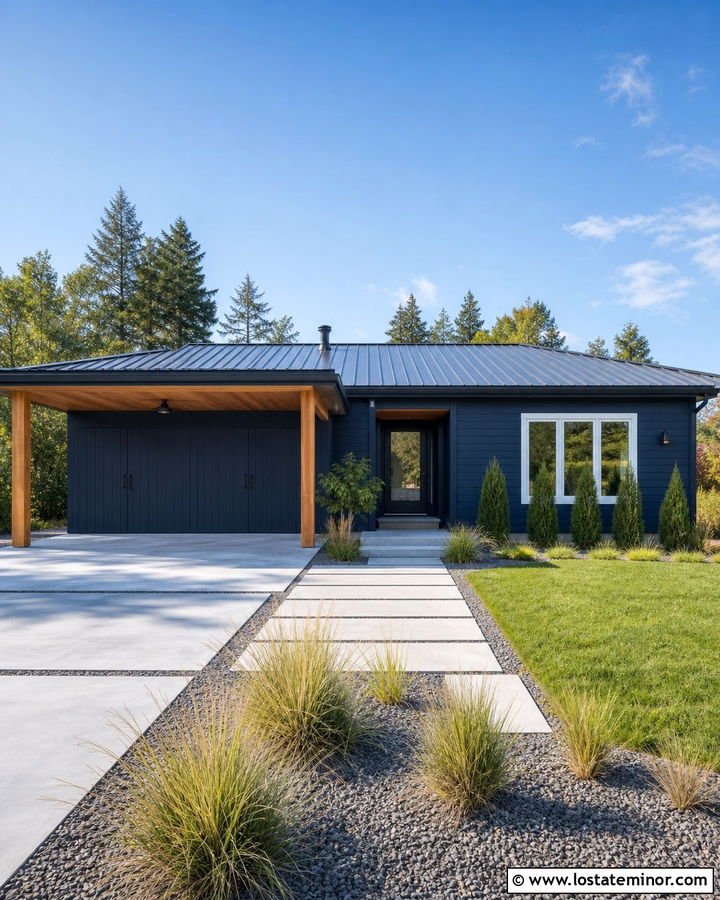 Navy Blue House With Carport Storage Wall - 30 Navy Blue House Design With Carport Ideas