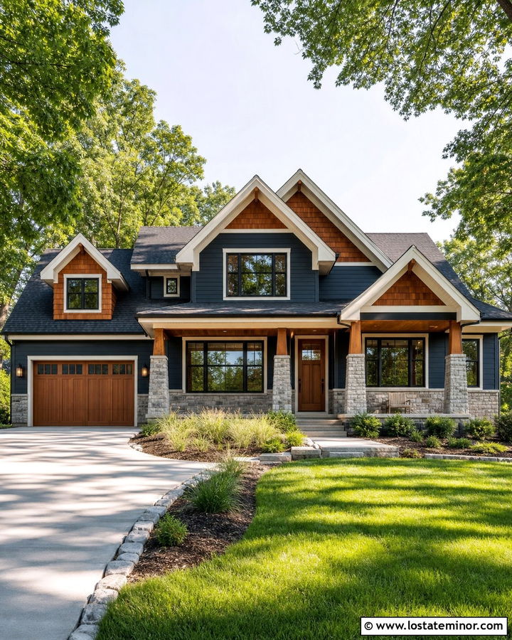 Navy Blue House With Cedar And Stone Accents - 30 Navy Blue House Design With Stone Accents Ideas