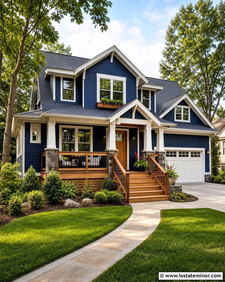 Navy Blue House With Cedar Deck - 30 Navy Blue House Design With Deck Ideas